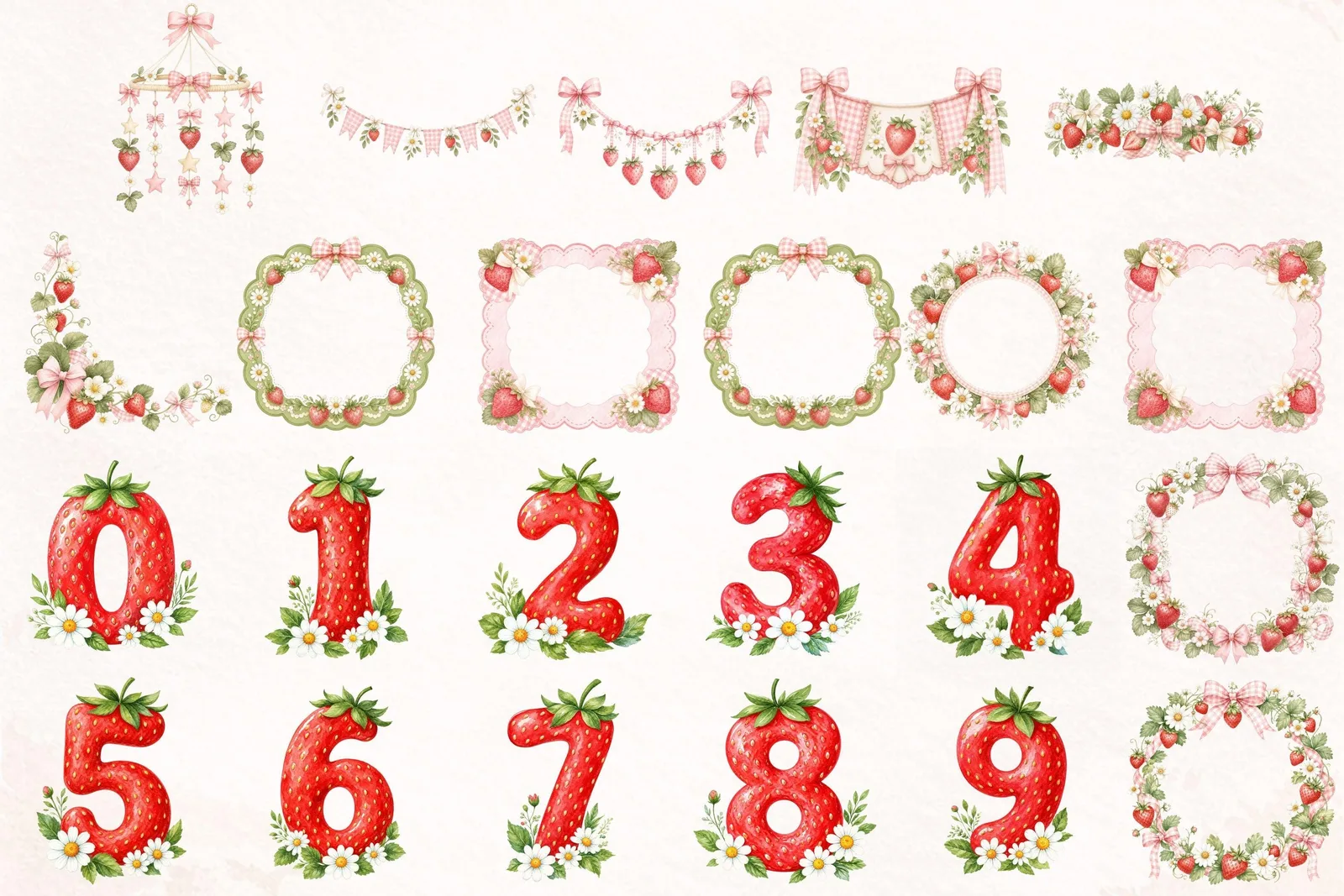 Berry First Birthday Strawberry Clipart Bundle, Numbers and Seamless Papers