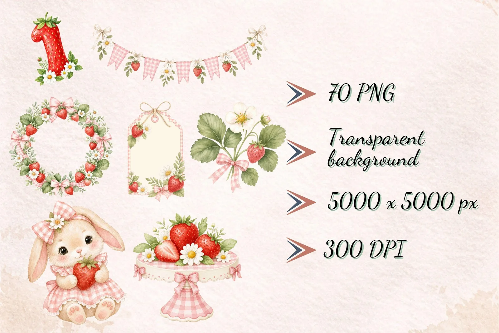 Berry First Birthday Strawberry Clipart Bundle, Numbers and Seamless Papers