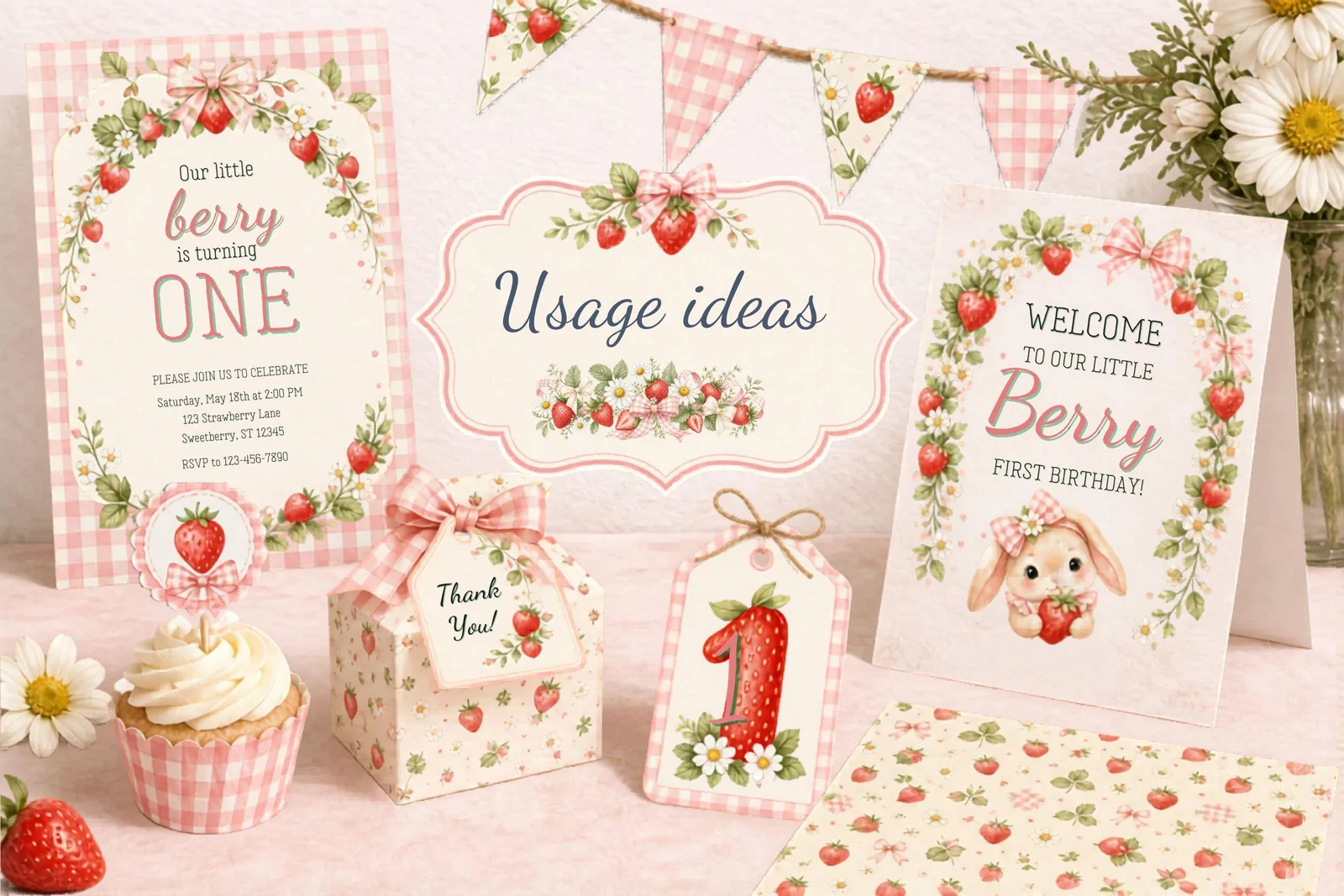 Berry First Birthday Strawberry Clipart Bundle, Numbers and Seamless Papers