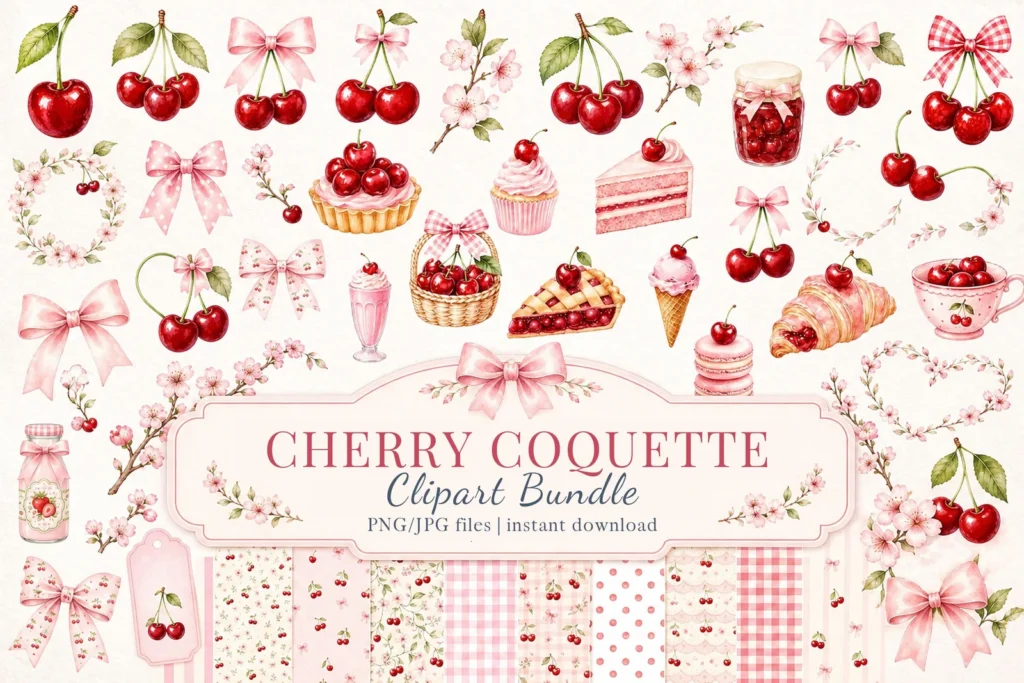 Cherry Coquette Clipart Bundle, Birthday Numbers and Seamless Digital Papers Cliparts digital download preview by Cute & Co.