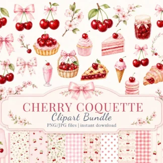 Cherry Coquette Clipart Bundle, Birthday Numbers and Seamless Digital Papers
