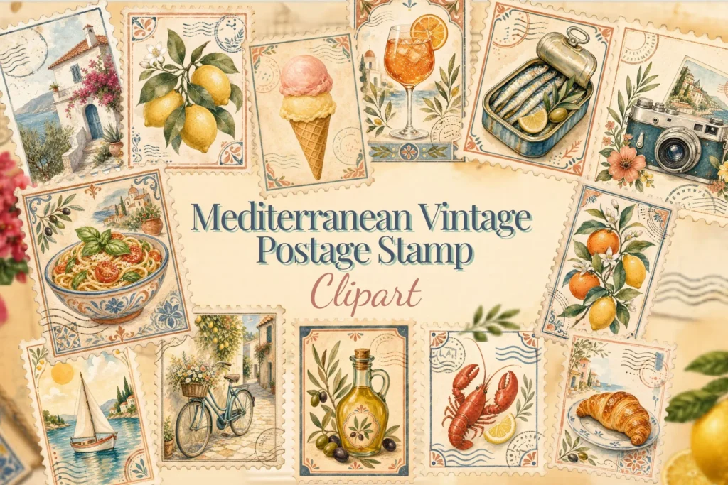 Mediterranean Vintage Postage Stamp Clipart Bundle for Scrapbook Journals and Stickers Cliparts digital download preview by Cute & Co.