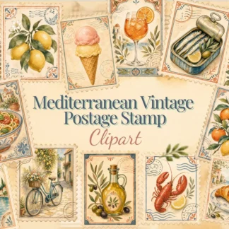 Mediterranean Vintage Postage Stamp Clipart Bundle for Scrapbook Journals and Stickers Cliparts digital download preview by Cute & Co.