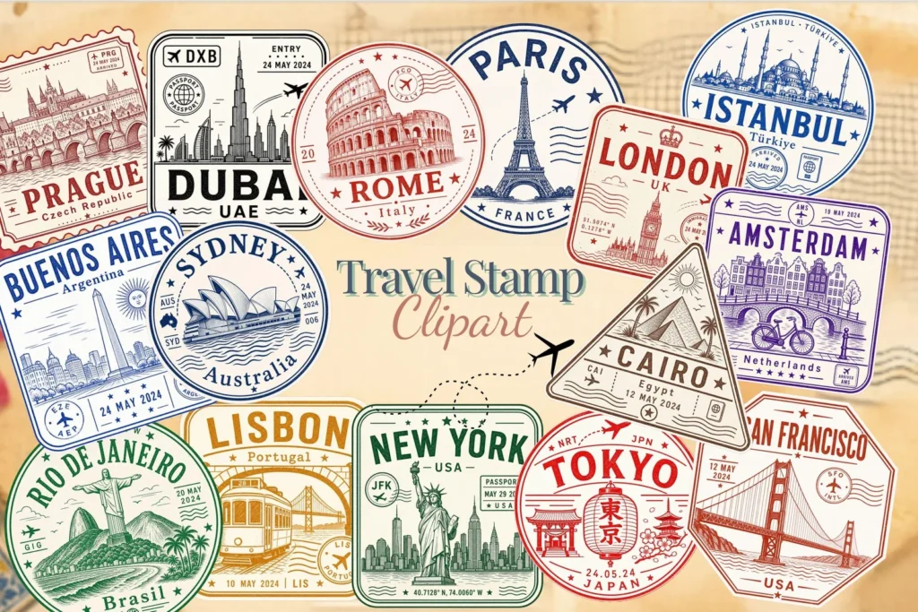Vintage Travel Postage Stamp Clipart Bundle, Passport City Stickers for Junk Journals Cliparts digital download preview by Cute & Co.