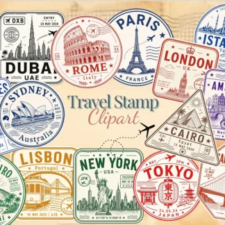 Vintage Travel Postage Stamp Clipart Bundle, Passport City Stickers for Junk Journals