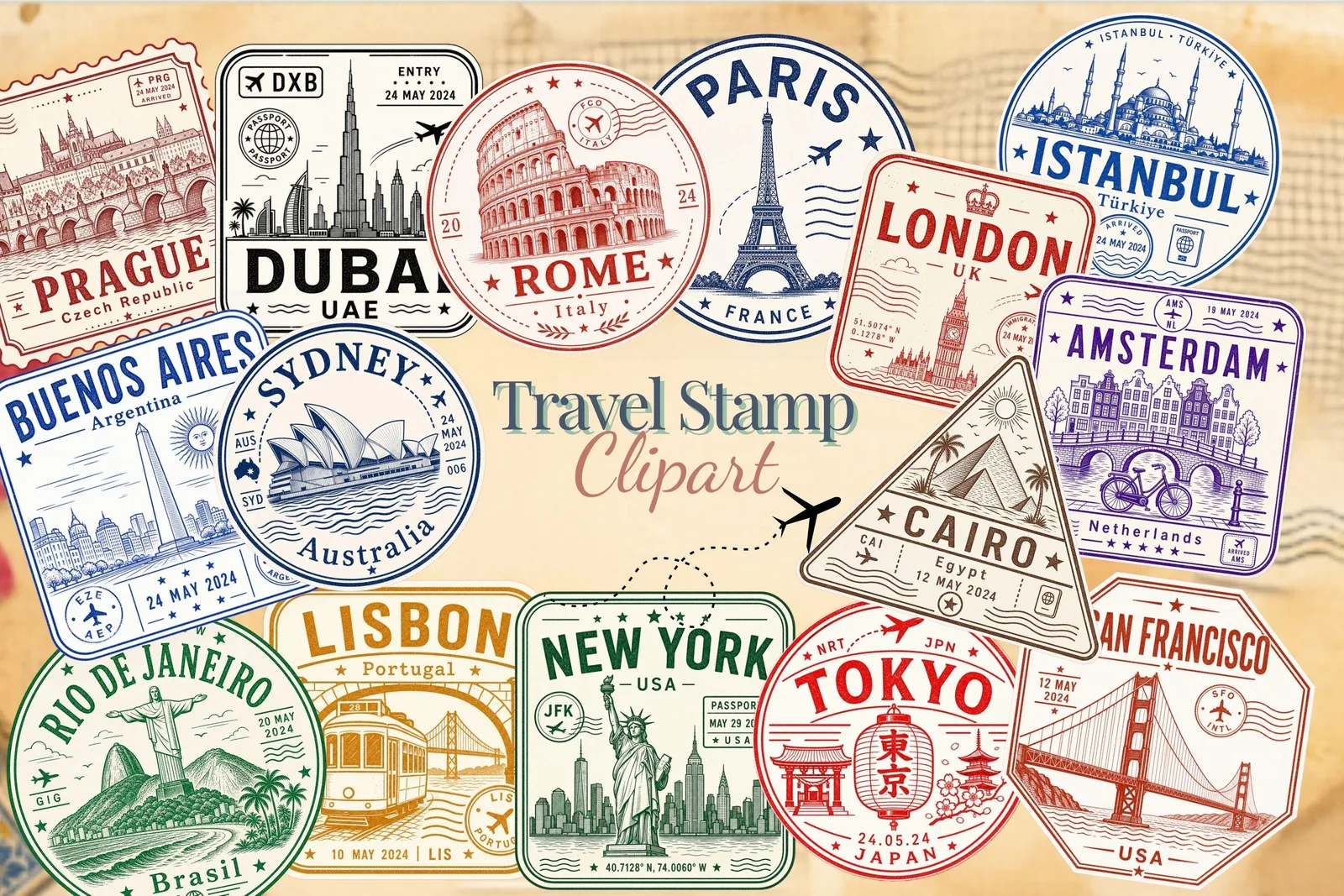 Vintage Travel Postage Stamp Clipart Bundle, Passport City Stickers for Junk Journals Cliparts digital download preview by Cute & Co.