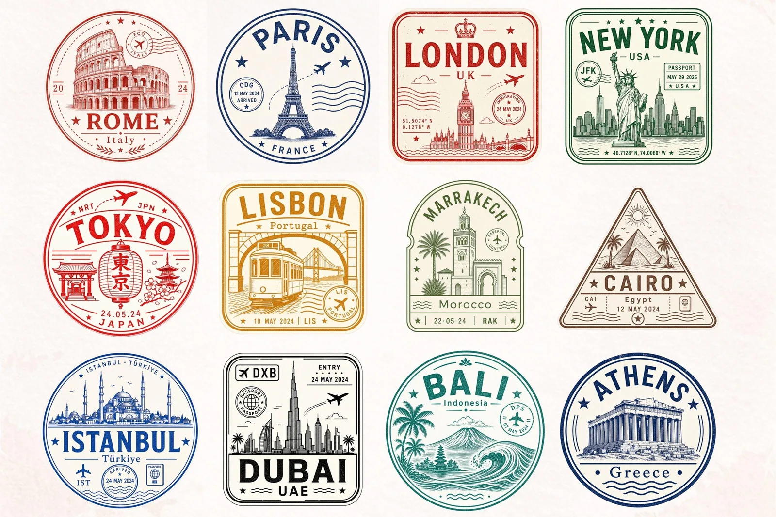 Vintage Travel Postage Stamp Clipart Bundle, Passport City Stickers for Junk Journals
