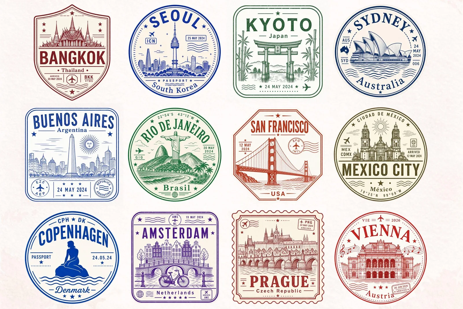 Vintage Travel Postage Stamp Clipart Bundle, Passport City Stickers for Junk Journals