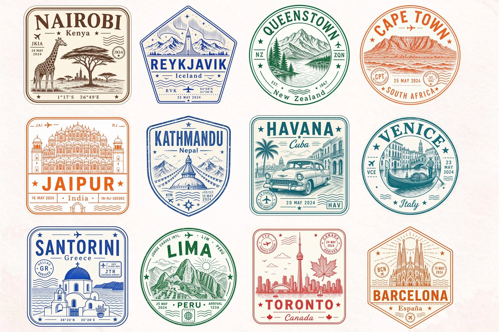 Vintage Travel Postage Stamp Clipart Bundle, Passport City Stickers for Junk Journals