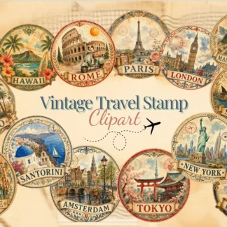 Vintage Travel Stamp Clipart Bundle, Watercolor Destination PNG for Scrapbook Crafts