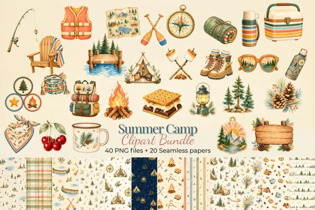 Summer Camp Watercolor Clipart Bundle, Camping Scrapbook PNG and Digital Papers Cliparts digital download preview by Cute & Co.