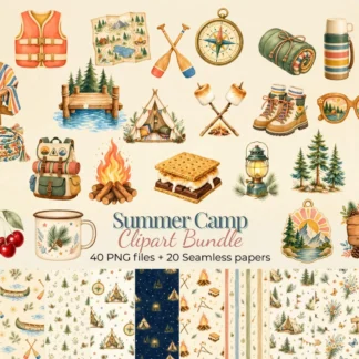 Summer Camp Watercolor Clipart Bundle, Camping Scrapbook PNG and Digital Papers Cliparts digital download preview by Cute & Co.