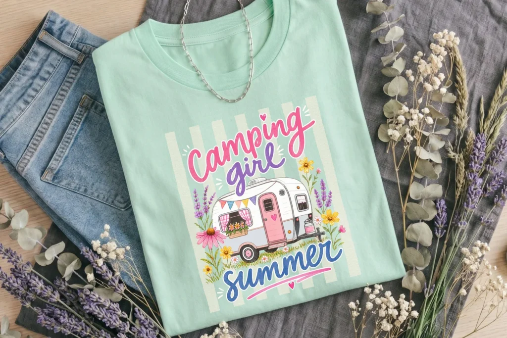 Camping Girl Summer PNG, Vintage Camper Shirt Design for Sublimation and Camping Trips Cliparts digital download preview by Cute & Co.