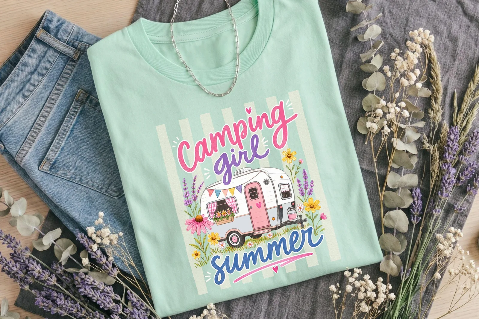 Camping Girl Summer PNG, Vintage Camper Shirt Design for Sublimation and Camping Trips Cliparts digital download preview by Cute & Co.