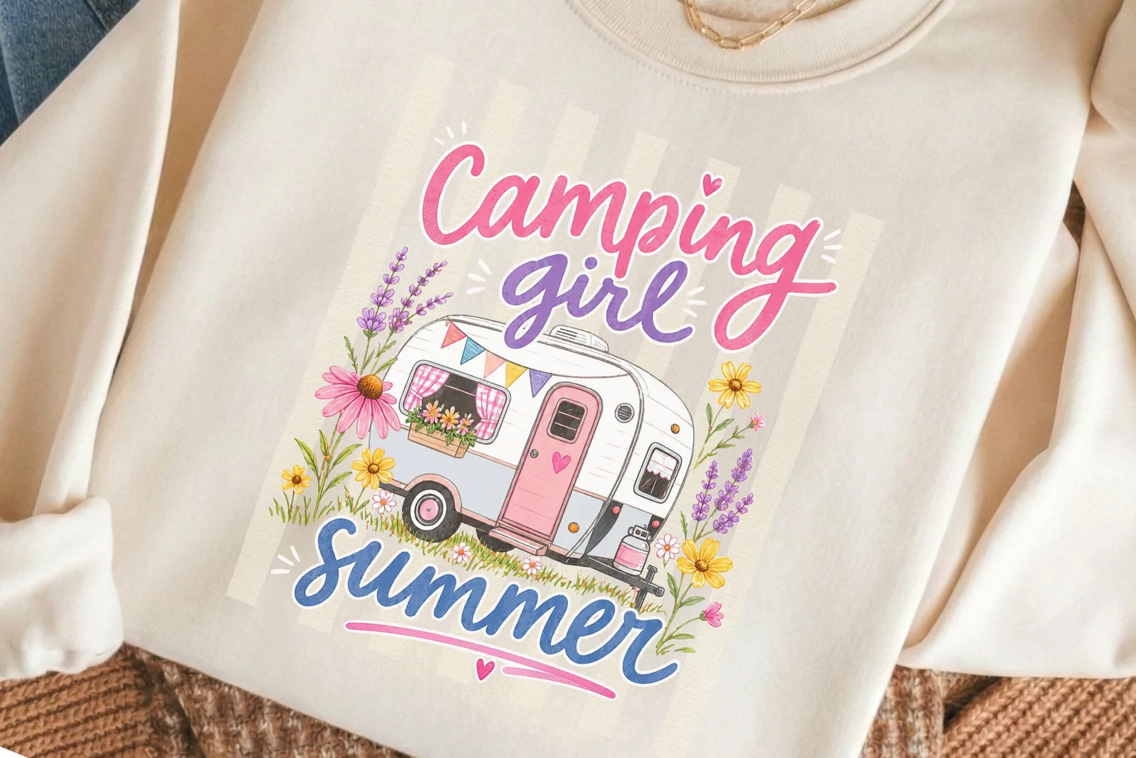 Camping Girl Summer PNG, Vintage Camper Shirt Design for Sublimation and Camping Trips