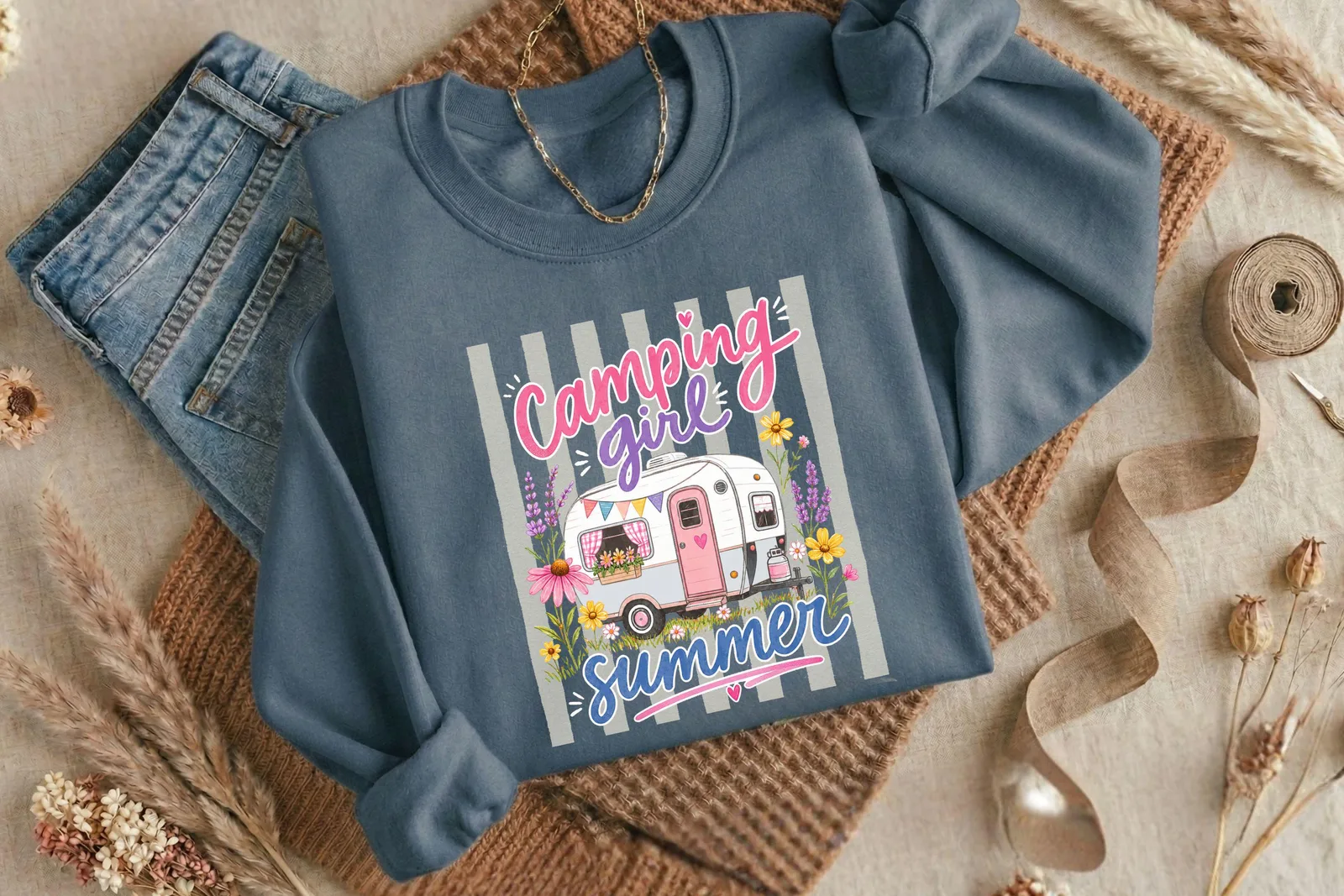 Camping Girl Summer PNG, Vintage Camper Shirt Design for Sublimation and Camping Trips