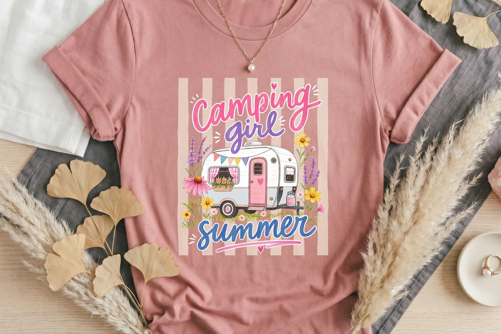 Camping Girl Summer PNG, Vintage Camper Shirt Design for Sublimation and Camping Trips