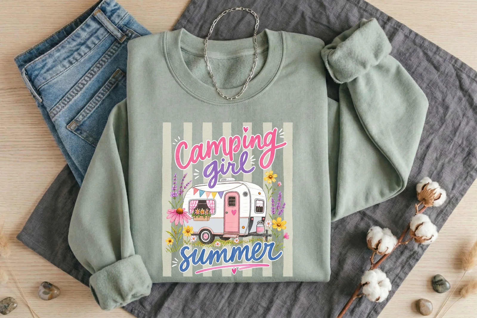 Camping Girl Summer PNG, Vintage Camper Shirt Design for Sublimation and Camping Trips