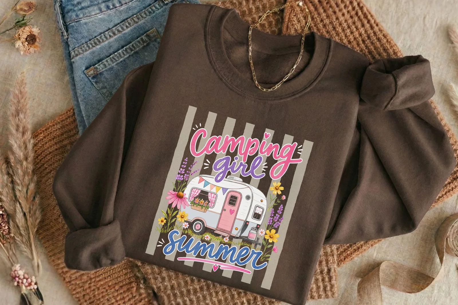 Camping Girl Summer PNG, Vintage Camper Shirt Design for Sublimation and Camping Trips