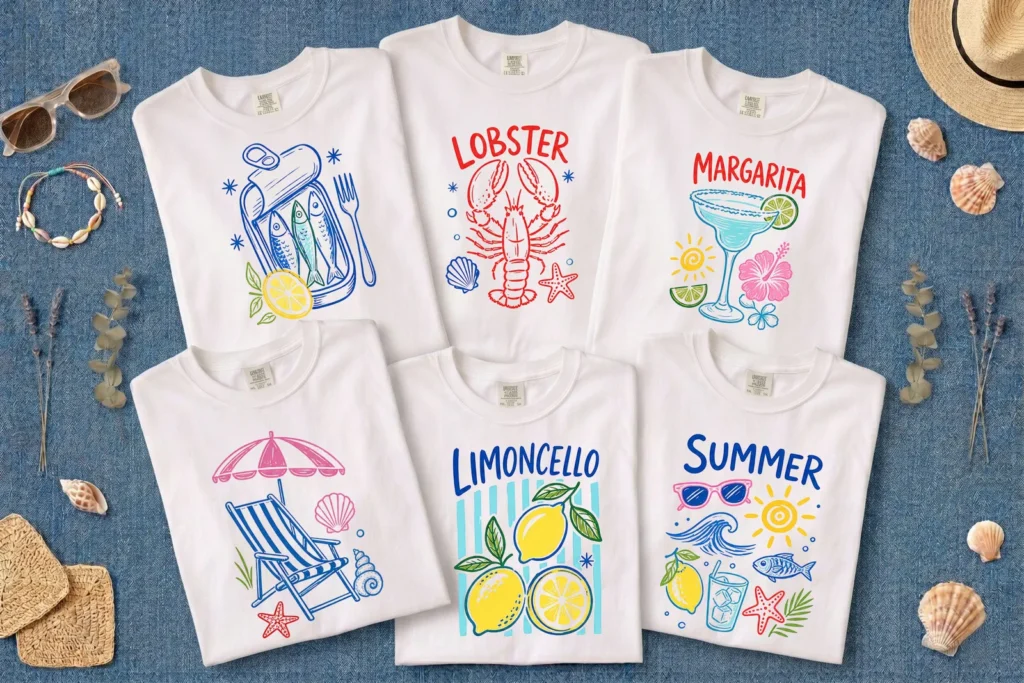 Coastal Summer Shirt PNG Bundle, Retro Beach Clipart Designs Cliparts digital download preview by Cute & Co.