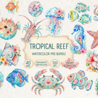 Tropical Reef Watercolor Clipart Bundle, Coral Sea Life PNG for Crafts