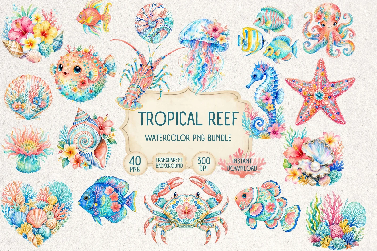Tropical Reef Watercolor Clipart Bundle, Coral Sea Life PNG for Crafts Cliparts digital download preview by Cute & Co.