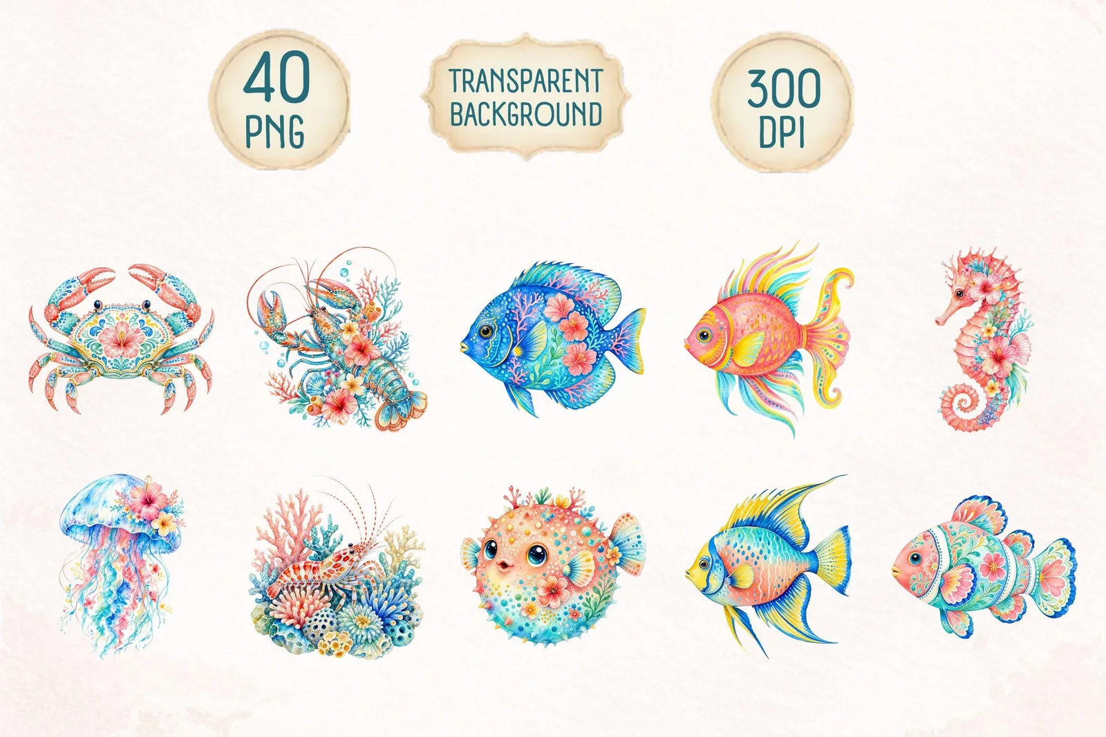 Tropical Reef Watercolor Clipart Bundle, Coral Sea Life PNG for Crafts Cliparts digital download preview by Cute & Co.