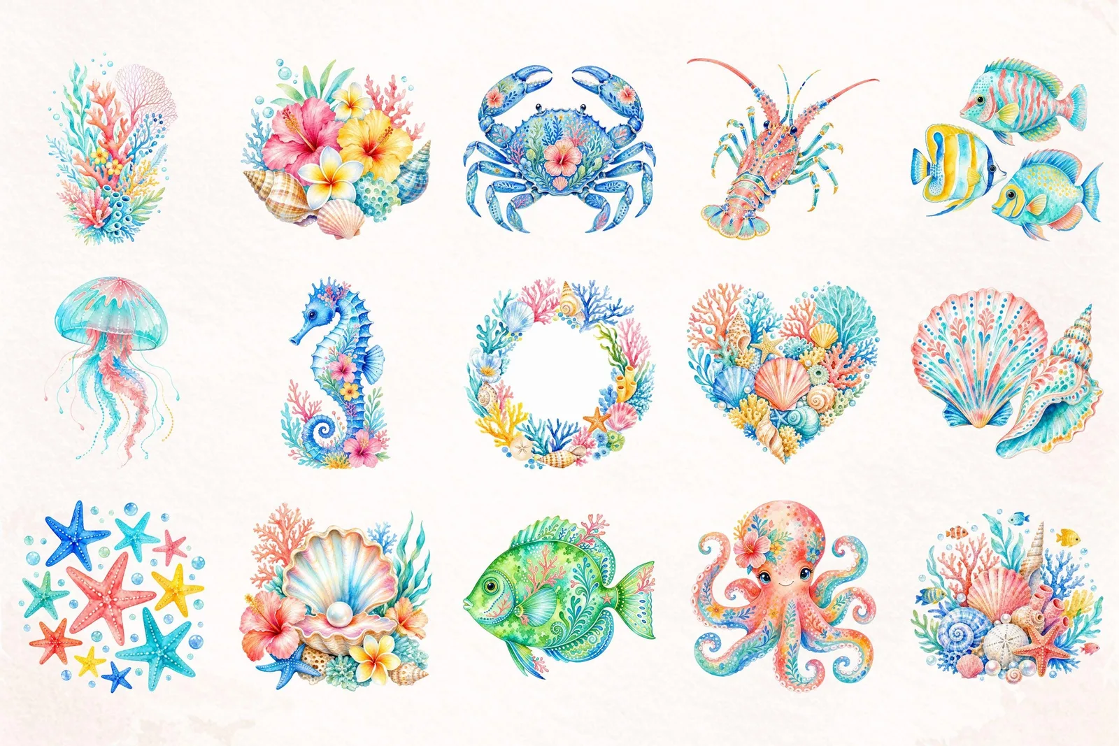 Tropical Reef Watercolor Clipart Bundle, Coral Sea Life PNG for Crafts Cliparts digital download preview by Cute & Co.