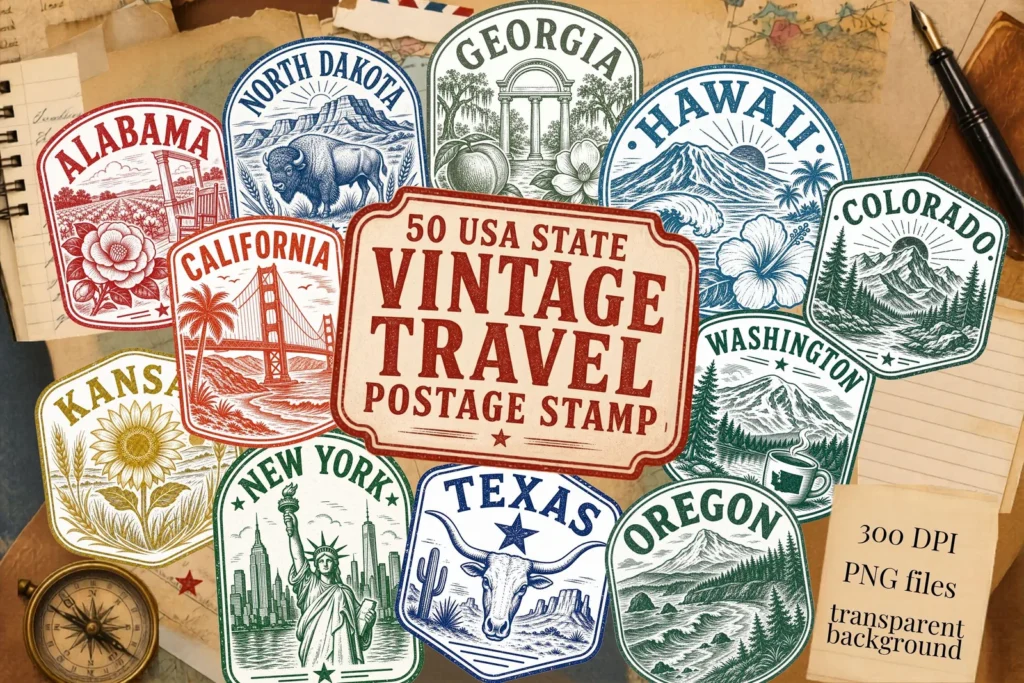 USA State Travel Stamp Clipart, Vintage Passport Sticker PNG Bundle, Digital download Cliparts digital download preview by Cute & Co.