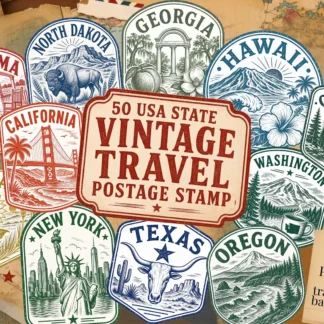 USA State Travel Stamp Clipart, Vintage Passport Sticker PNG Bundle, Digital download