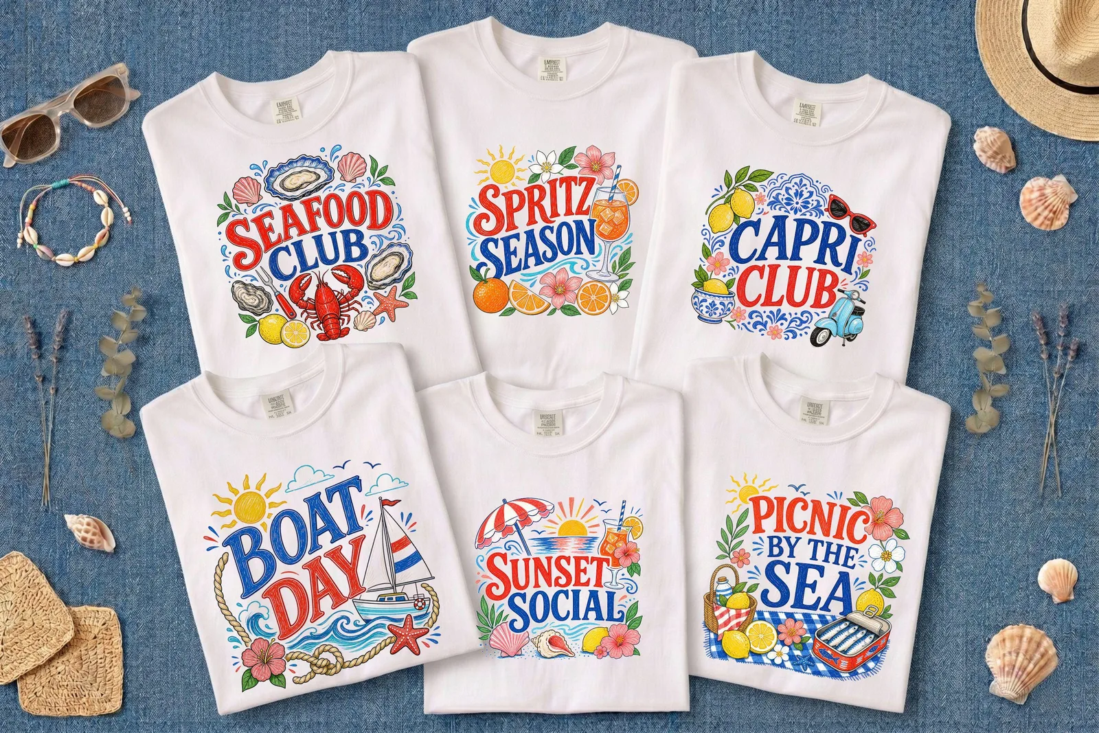 Coastal Summer PNG Bundle, Retro Beach Vacation Clipart for Crafts and Sublimation Cliparts digital download preview by Cute & Co.