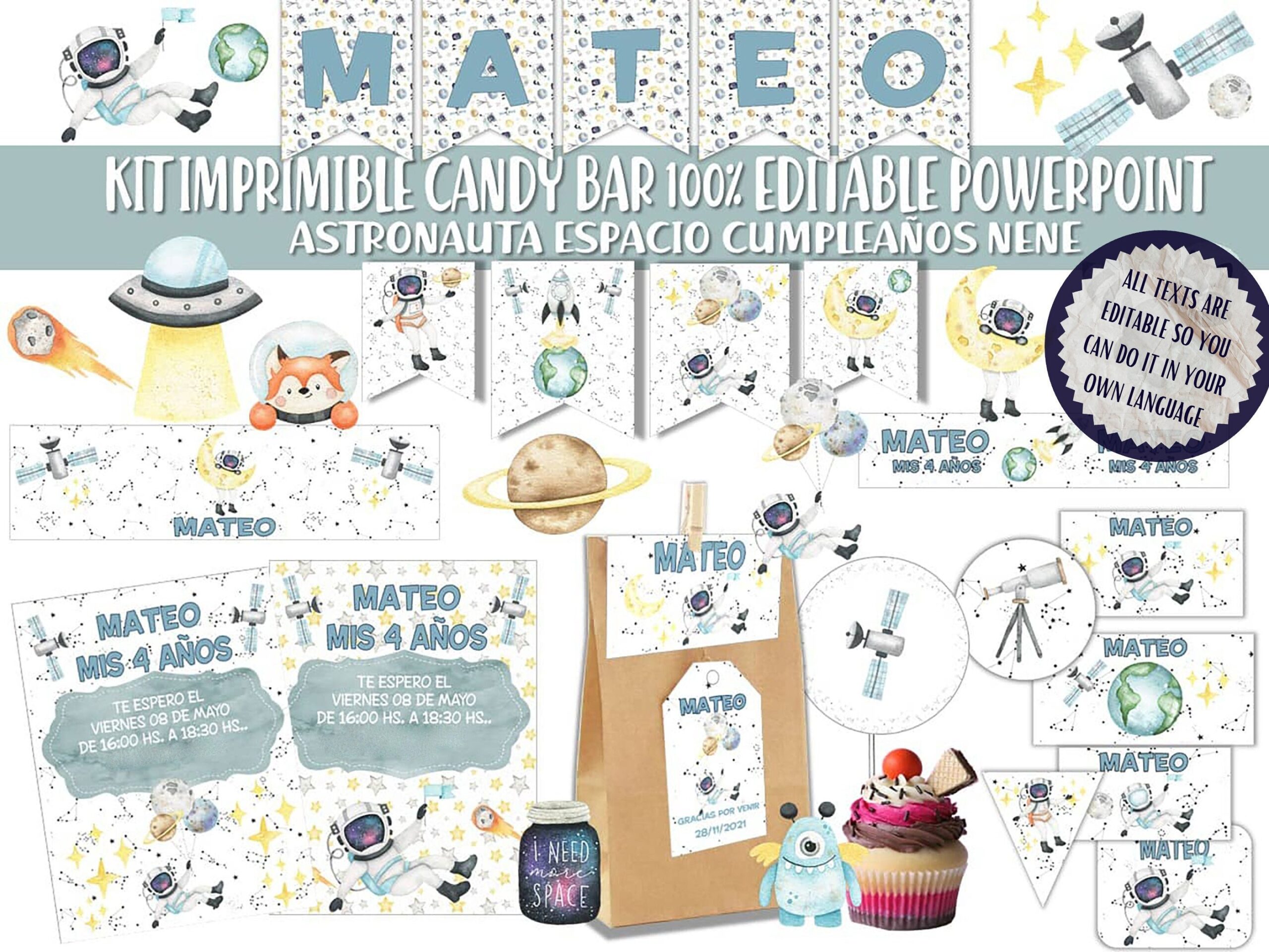 Printable Astronaut Party Kit, Editable Invitations, Banners, Toppers (Digital Download)
