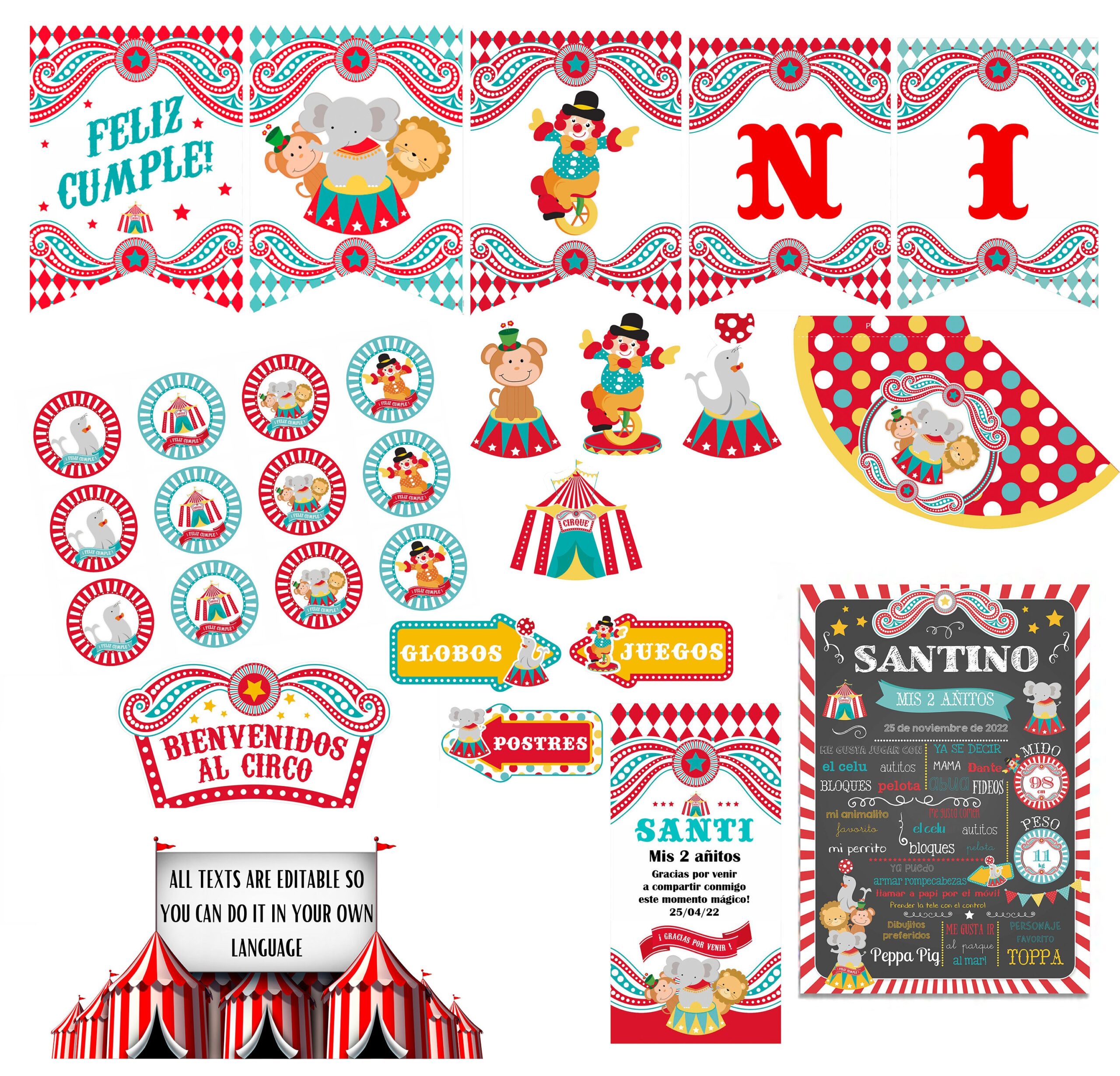 Carnival Party Printables, Editable Circus Theme (Digital Download)