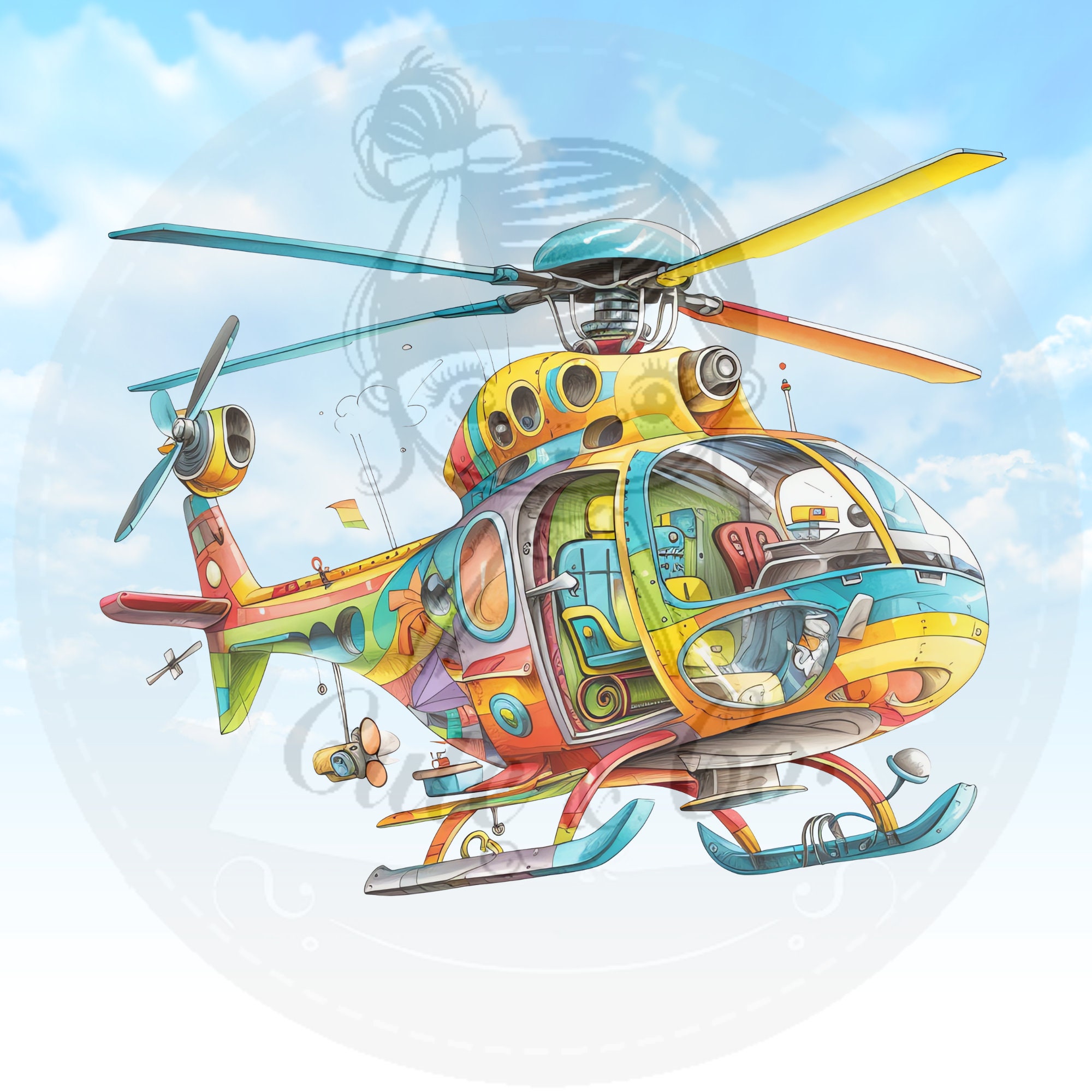 Colorful Helicopter Clipart Set, Modern PNG Images (300 DPI) - Image 7
