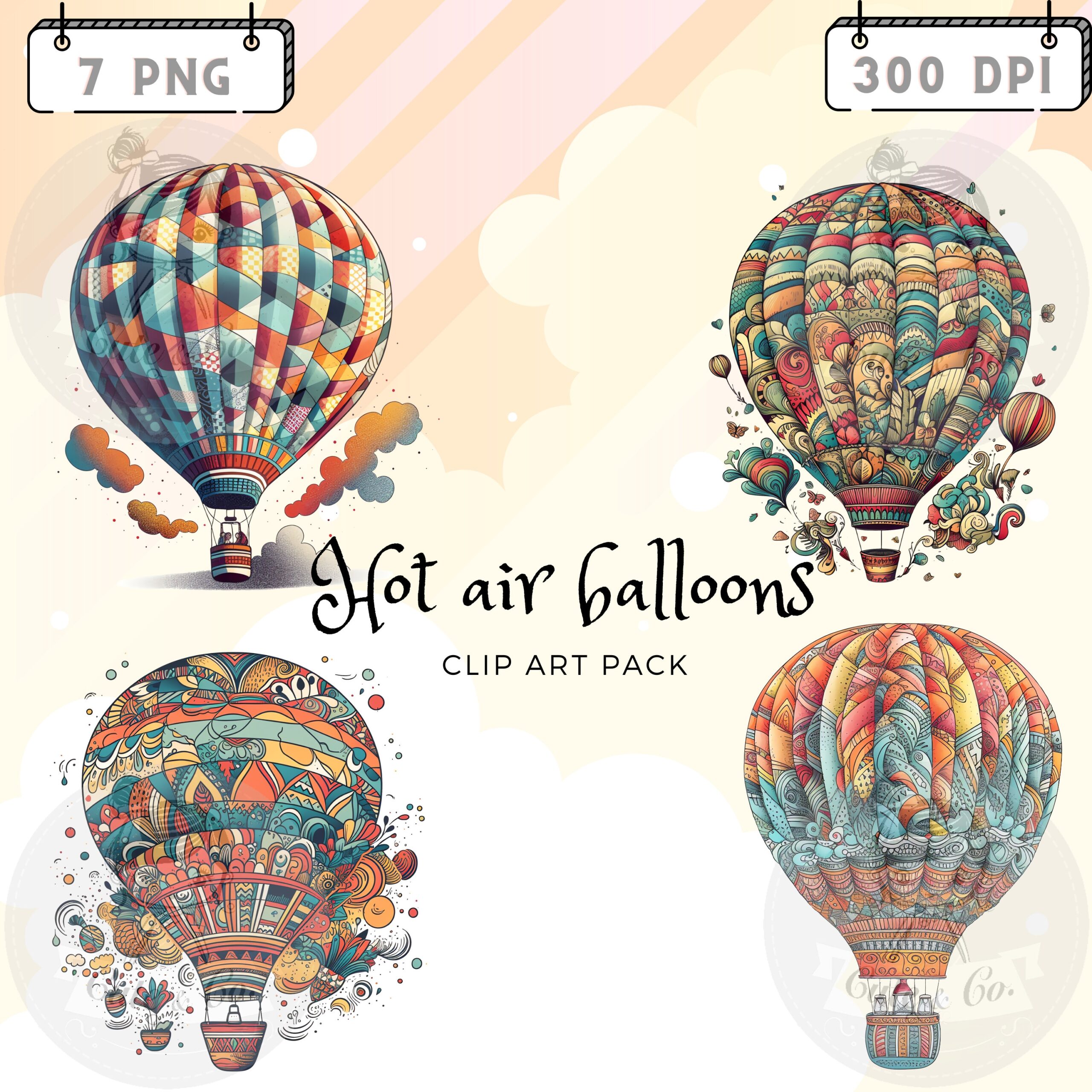 Hot Air Balloon Clipart Set, High-Resolution PNG Images (Digital Download)