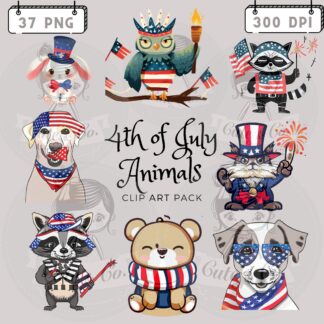 4th of July Animals Clipart, Patriotic PNG, Digital Papers (Digital Download)