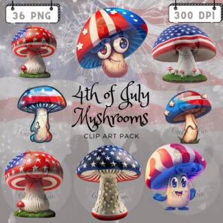 4th of July Mushroom Clipart: American Flag PNG, Digital Papers (Download)