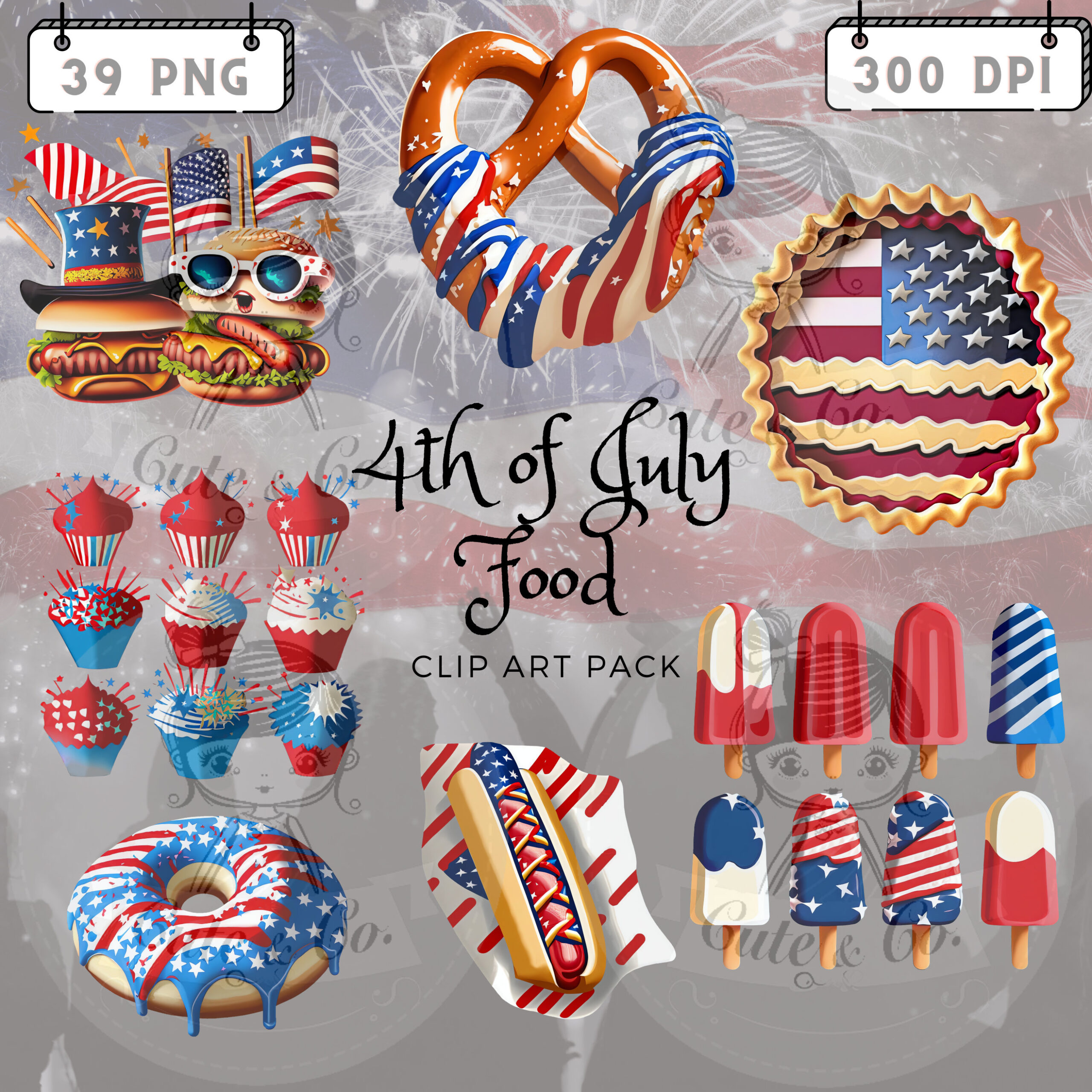 4th of July Food Clipart, Patriotic PNG, Digital Papers (300 DPI)