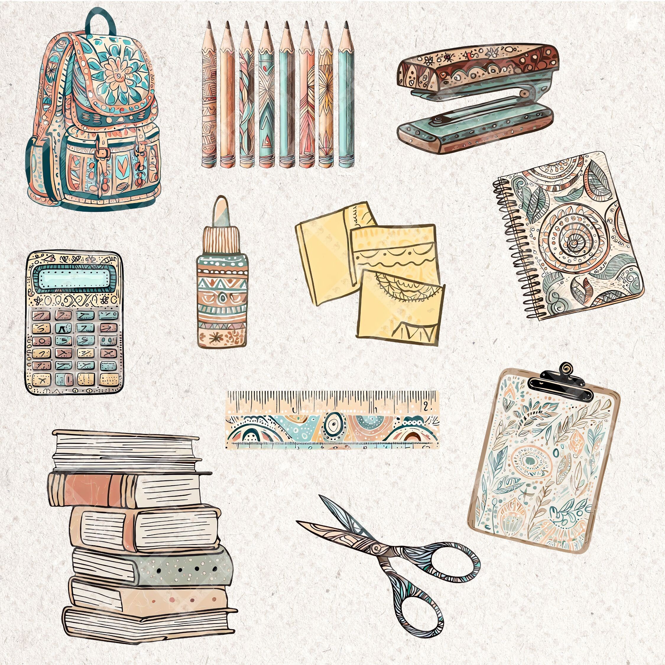 Boho Teacher Clipart, School Supplies Illustrations (46 PNG) - Image 6
