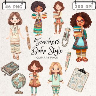 Boho Teacher Clipart, School Supplies Illustrations (46 PNG)