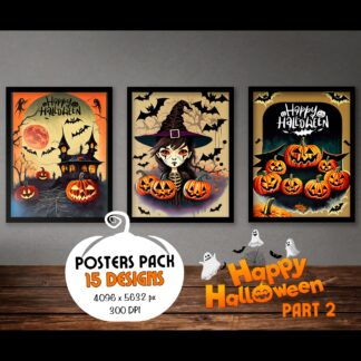 Vintage Halloween Posters Set, Spooky Haunted Landscapes (PNG Bundle)