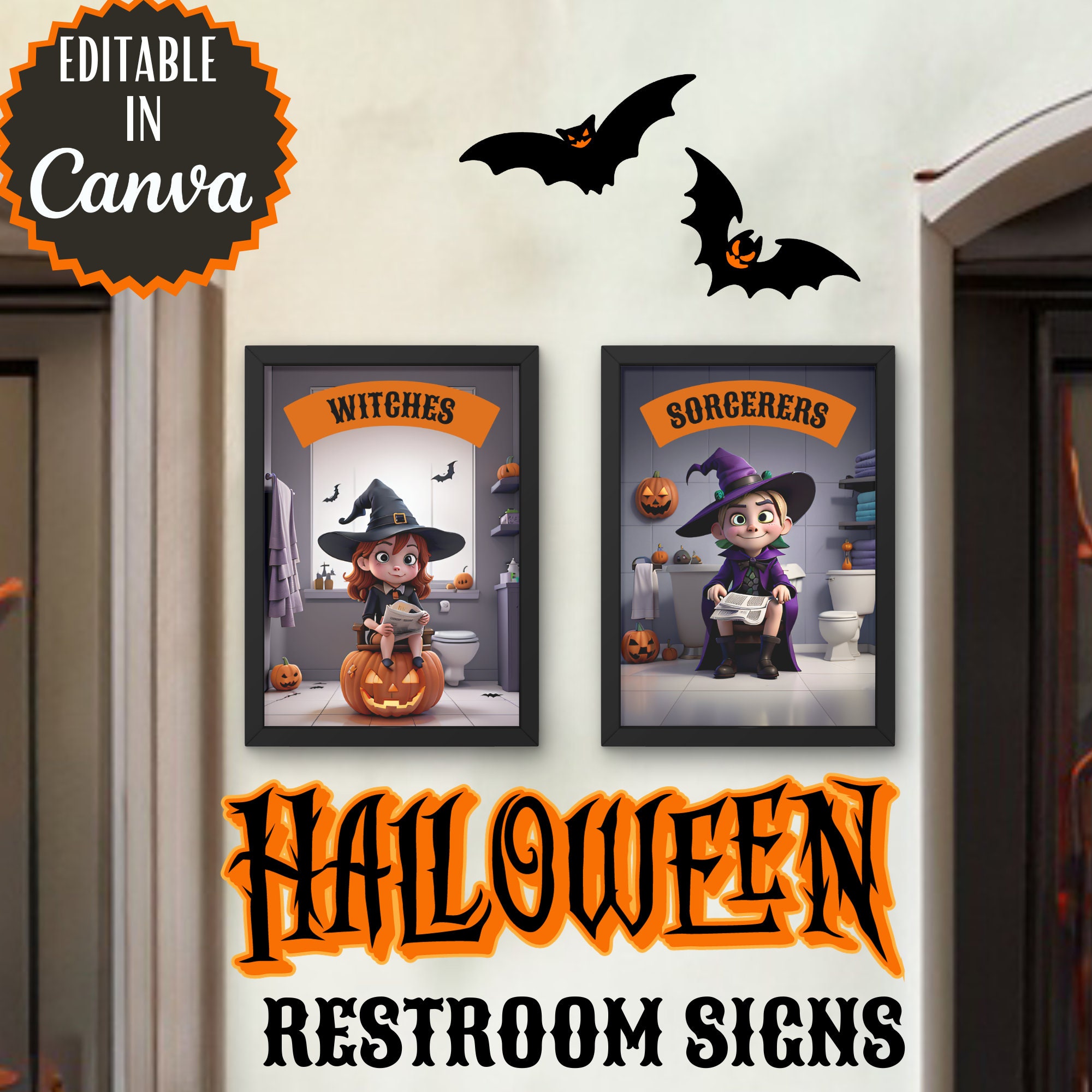 Halloween Restroom Art: Witch & Sorcerer Bathroom Decor (Digital Download)