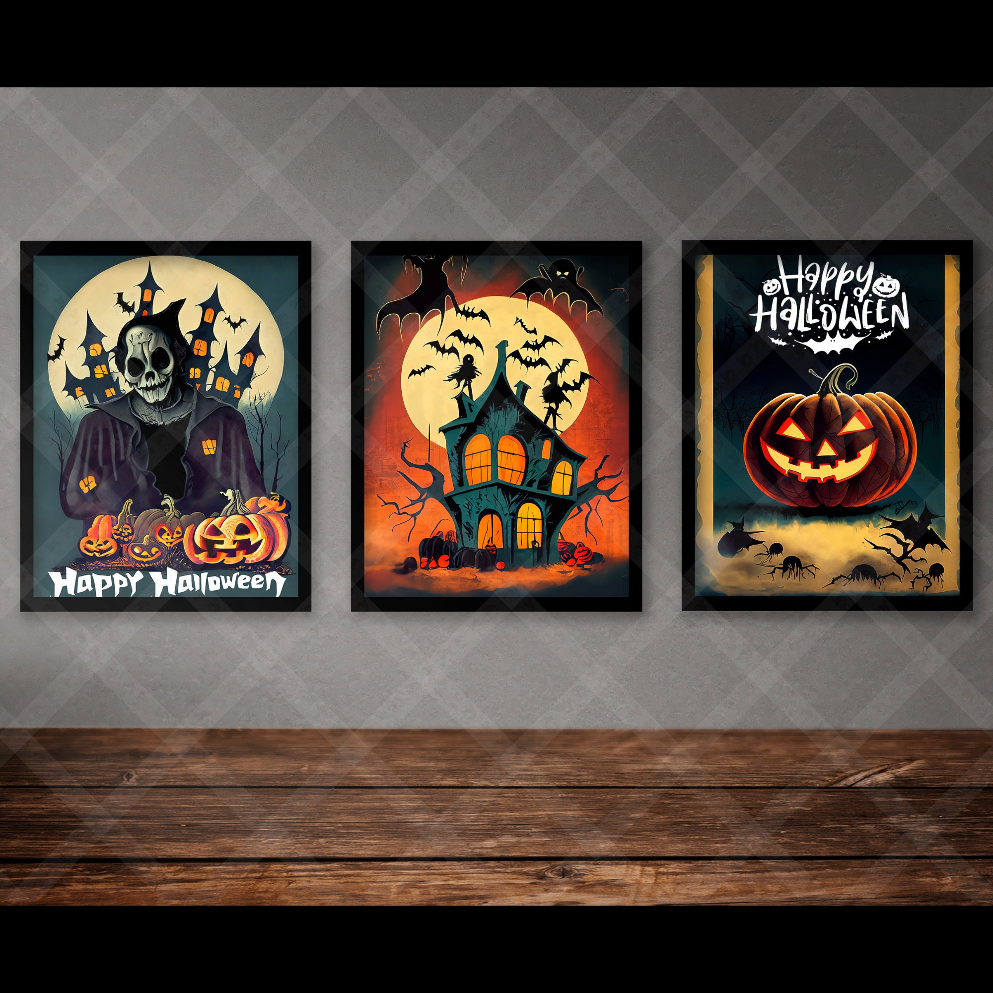 Vintage Halloween Posters Set, Spooky Haunted Landscapes (PNG Bundle) - Image 2