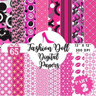 Pink Fashion Doll Digital Paper, Scrapbook Patterns (Digital Download)