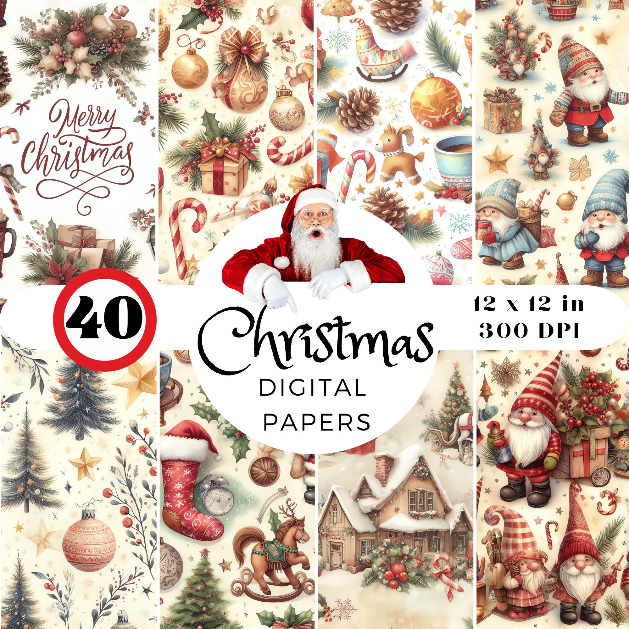 40 Vintage Christmas Digital Papers – Seamless Retro Holiday Patterns (PNG) - Image 2