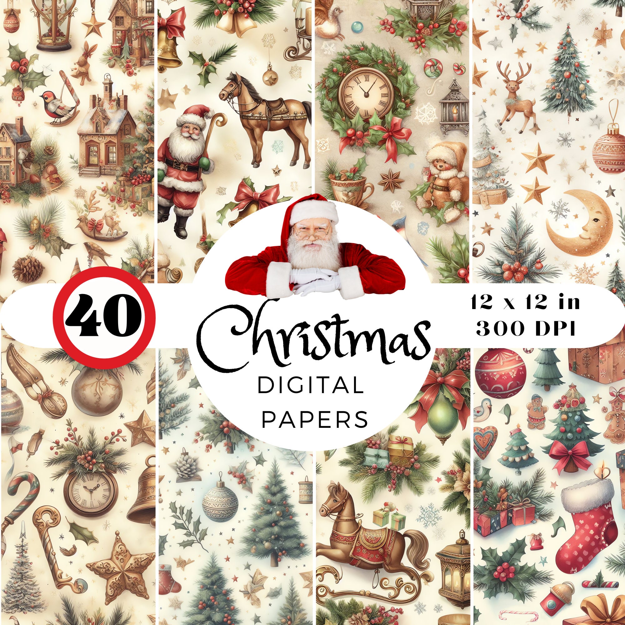 40 Vintage Christmas Digital Papers – Seamless Retro Holiday Patterns (PNG) - Image 3