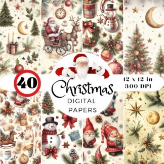 40 Vintage Christmas Digital Papers – Seamless Retro Holiday Patterns (PNG)