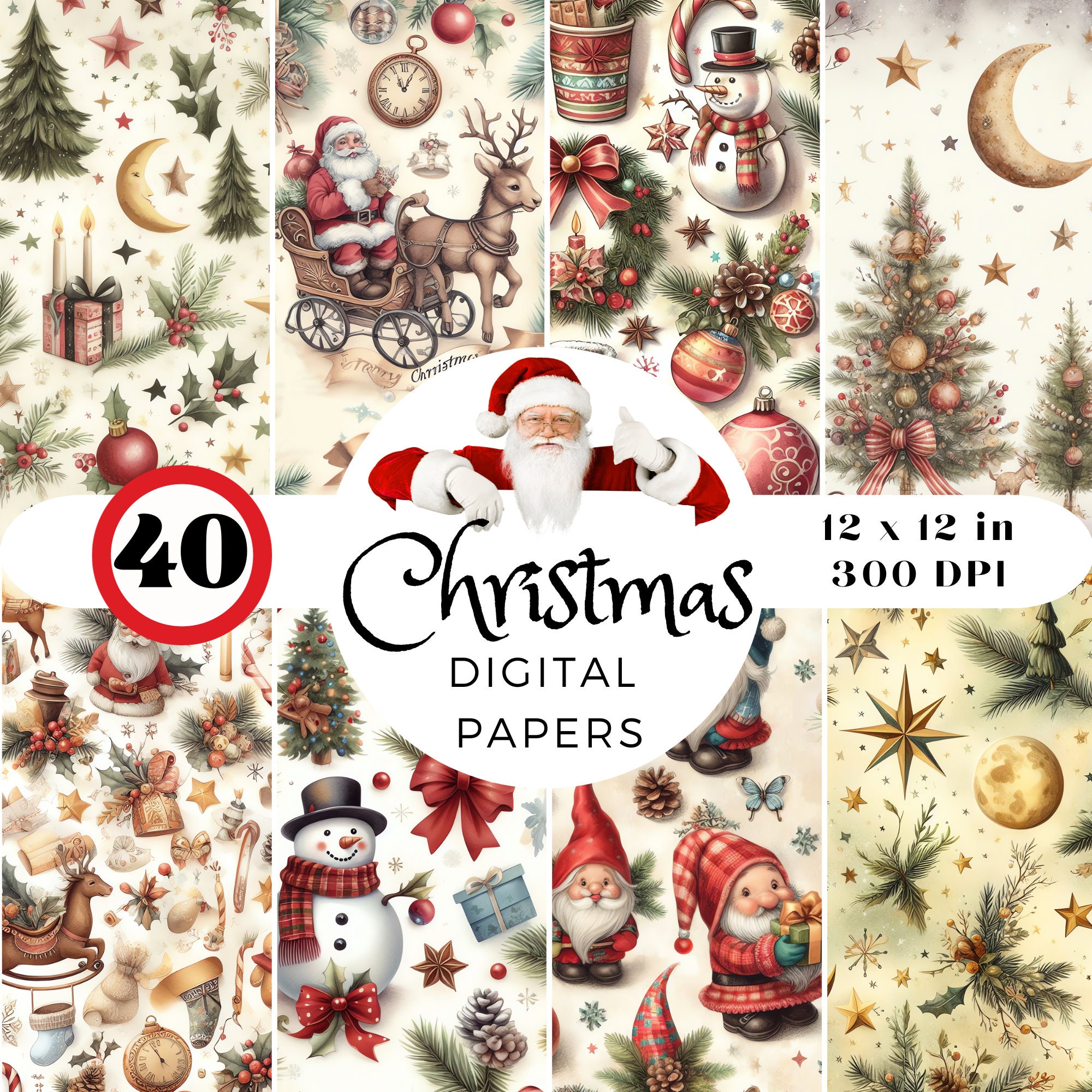 40 Vintage Christmas Digital Papers – Seamless Retro Holiday Patterns (PNG)
