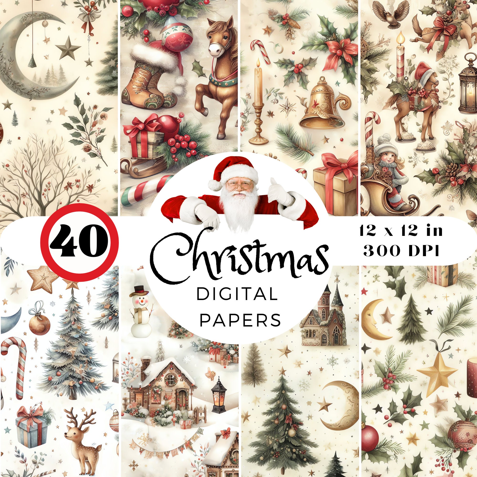40 Vintage Christmas Digital Papers – Seamless Retro Holiday Patterns (PNG) - Image 5