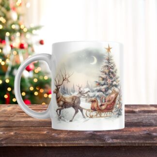 Christmas Mug Wrap: Vintage Reindeer Sleigh 3D Design (Digital Download)